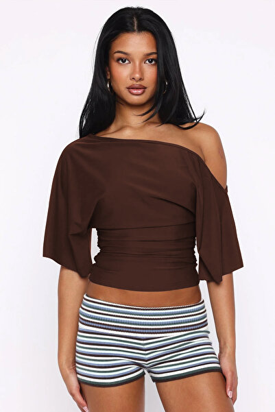 Edela Asimetrična bluza sa kratkim rukavima Uskog kroja Elastično smeđa žensk...