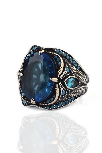 Mirari Jewelry Blue Topaz Taşlı Desenli İşlemeli Erkek Yüzük | Premium 0,40 M...