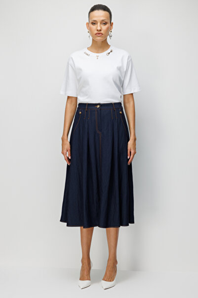 Ekol Süs Düğmeli Yan Cepli Midi Boy Etek