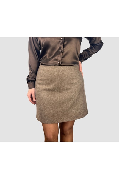 ABAS Bej Kaşe Kumaş Yüksek Bel Diz Üstü Astarlı Mini Etek