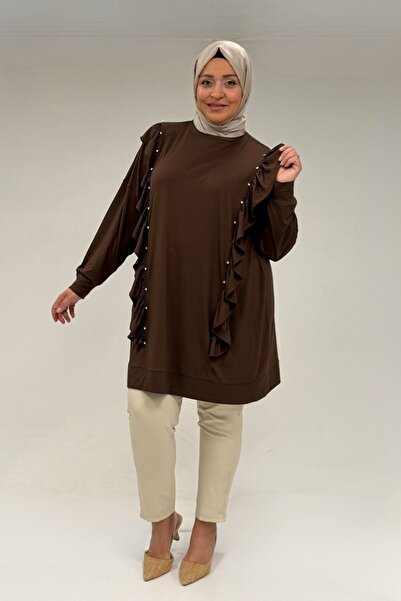 Eslina 58074 Büyük Beden Fırfır Ve Taş Detaylı Penye Tunik - Kahve