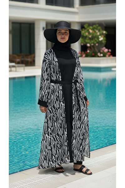 new ats Hijab White Black Patterned Islamic Swimwear Set Kimono Pareo Set of 4