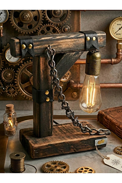 Yediotuz WoodAndIron El Yapımı Rustik Ahşap Masa Lambası - Endüstriyel Zincir...