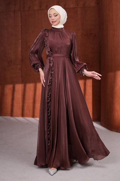 İmajButik Mürdüm Bel Kemerli Fırfırlı Janjan Abiye