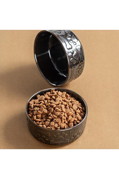 Pettrend Siyah Kedi Köpek Mama Kabı 2li Seramik Kabartmalı Kedi Köpek Mama ve...