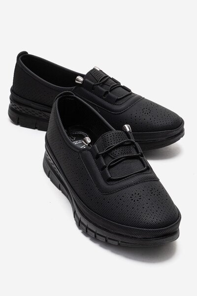 CCWAY AYAKKABI Γυναικεία ελαστικά παπούτσια casual με κορδόνια ΜΑΥΡΟ ΚΟΤ