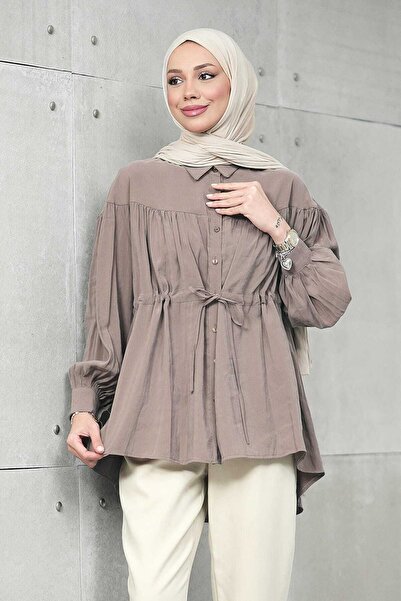 İmajButik Dark Mink Waist Tie-Detail Modal Casual Shirt