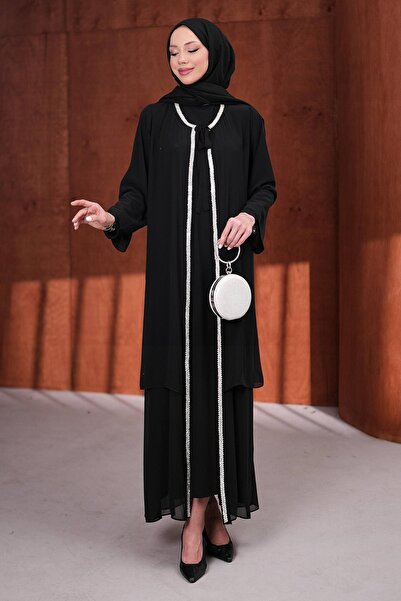 İmajButik Black Front Tie-Detail Stone Abya Set