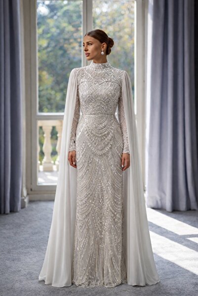 Olcay Çıkabilen Pelerin Detaylı Taşlı Tül Exclusive Tesettür Abiye Elbise TAŞ...