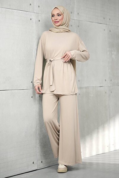 İmajButik Taş Bel Tie-Detail Tunic with Pants Modal Set