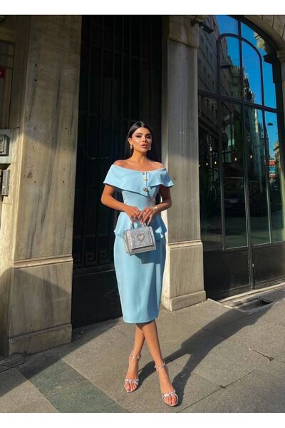 maf collection Γυναικείο Μπλε Φόρεμα Αποφοίτησης με Γιακά Μαντονένα και Χρυσά...