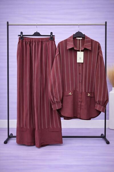 Ceremony Çizgili Gömlek Pantolon İkili Takım – Bordo