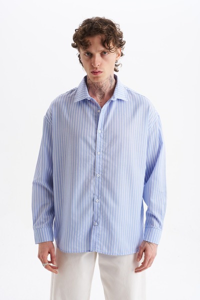 Danger Ανδρικό πουκάμισο 100% Βαμβάκι lu Ριγέ Ice Blue