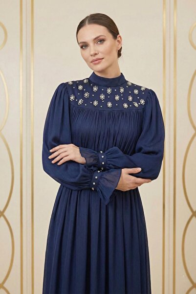 hakimoda Larina Işıltı Chiffon Evening Dress Navy Blue