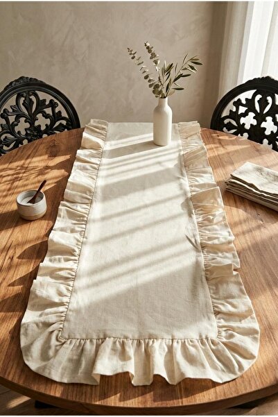 Komana Art Ruffled Linen Table Runner 40X150 – Natural Stylish Decorative Tab...