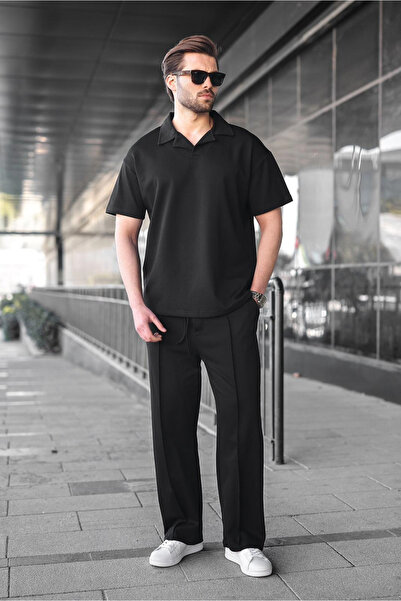 Madmext Black Polo Collar Men's Top and Bottom Set E7356
