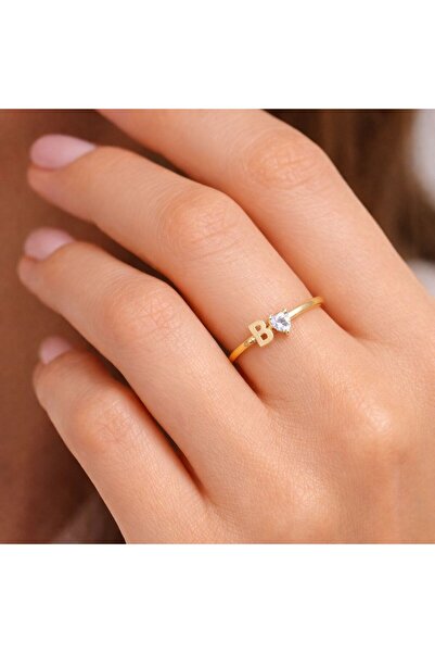 ALESSA GOLD Kalp Detaylı B Harfli Minimal Altın Yüzük