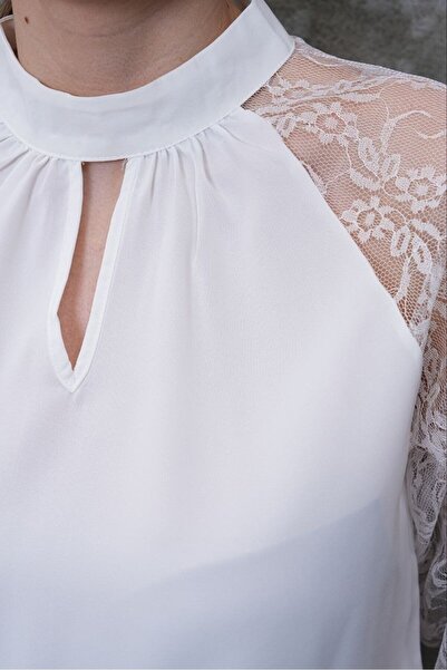 Elaxi Women's Jessica Fabric Long Sleeve Lace Detailed Stylish Blouse