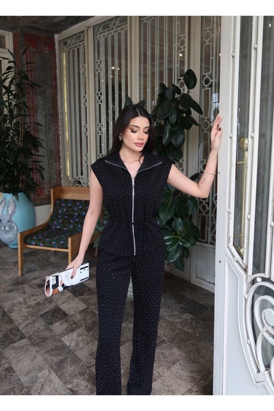 timagna Kadın Kristal Taş İşlemeli Fermuarlı Kolsuz Yelek ve Geniş Paça Panto...