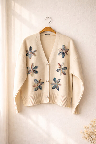 Retrobird Embossed Appliqué Embroidered Romantic Cardigan Women's Dark Blue