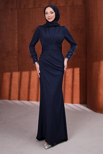 İmajButik Navy Blue Sleeve Tulle Detail Evening Dress