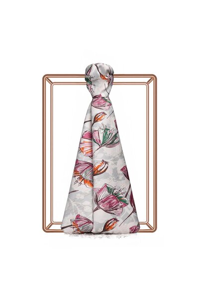 ipekevi Gardenia Desenli İpek Şal 07797 Krem - Fuşya
