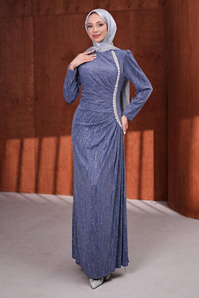 İmajButik Indigo Front Stone Detailed Evening Dress
