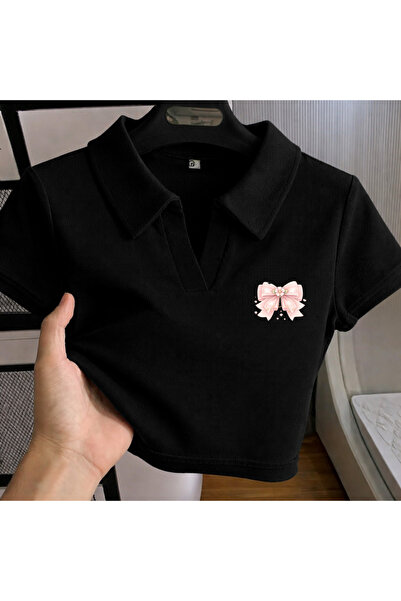 Gofeel Harajuku Summer Black Polo Collar Soft Ribbon Cropped