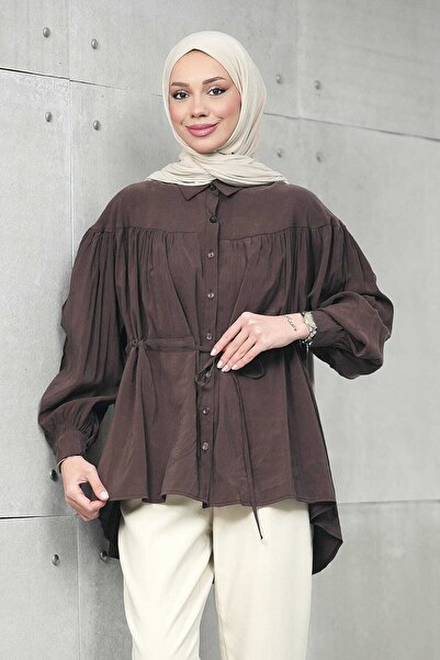 İmajButik Cămașă lejeră maro cu talie cu detaliu cu șnur modal