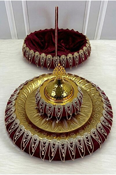 ZEYMERADE Bordo Kına Gecesi Tepsi Sepet Gelin Takımı, Lüks Kadife Parlak Taşl...