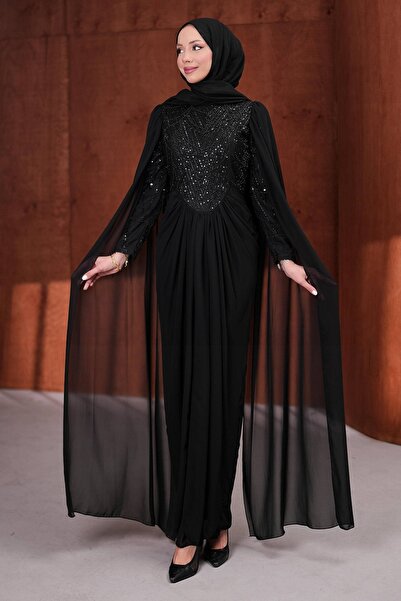 İmajButik Black Shoulder Cape Beaded Embroidered Draped Evening Dress