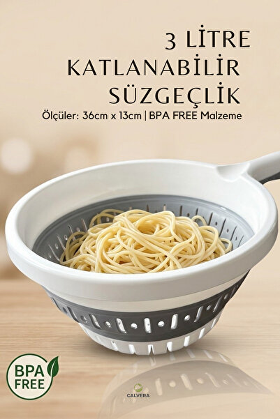 CALVERA 3 Litre Katlanabilir Süzgeç - BPA Free Silikon Saplı Yer Tasarruflu M...