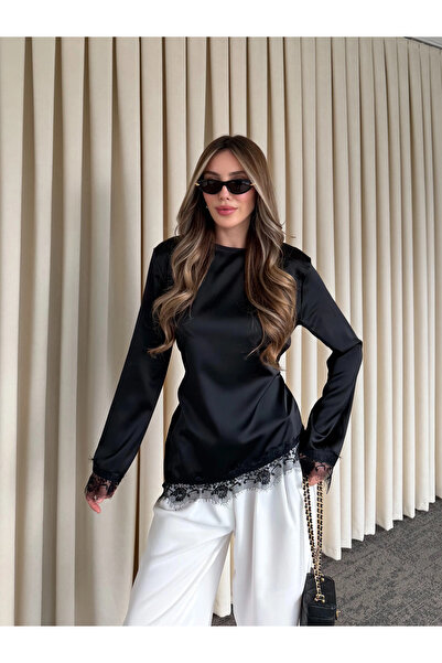 Laluvia Μαύρη Σατέν Ασύμμετρη Μπλούζα Δαντέλα τεμαχίων - 0320