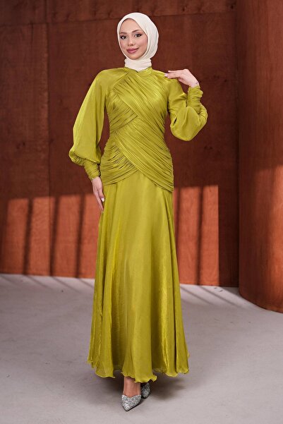 İmajButik Rochie de seară strălucitoare, verde ulei, cu mâneci bufante și dra...