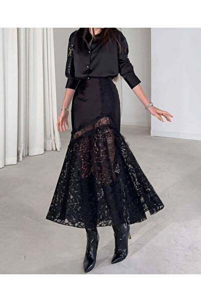 Hotfashion دانتيل تنورة نسائية من الساتان بخصر عالٍ باللون الأسود