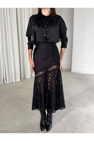 Hotfashion Lace Detailed Satin High Waist Women's Skirt Black