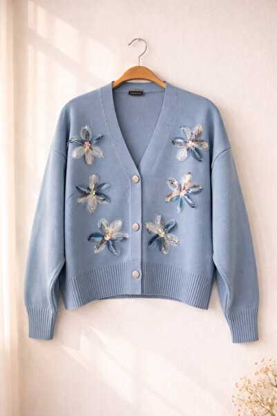 Retrobird Embossed Appliqué Embroidered Romantic Cardigan Women's Blue