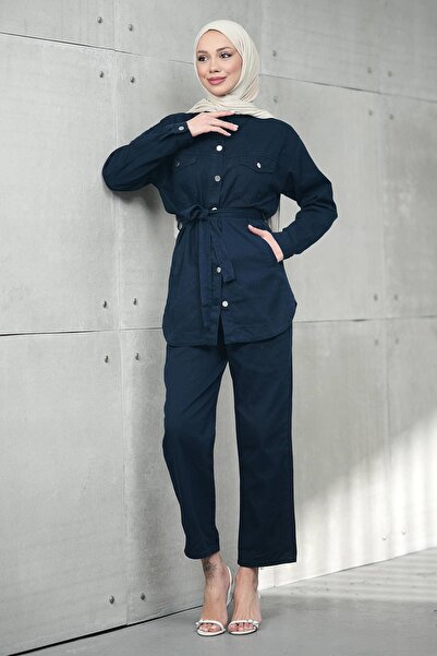 İmajButik طقم جينز باللون الأزرق الداكن Bel بأربطة بجيوب مع سترة وبنطلون