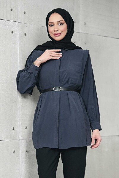 İmajButik قميص تونيك أنثراسايت بخصر مخفي حزام قطعة قماش مودال منسوج