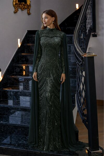 Olcay Çıkabilen Pelerin Detaylı Taşlı Tül Exclusive Tesettür Abiye Elbise YEŞ...