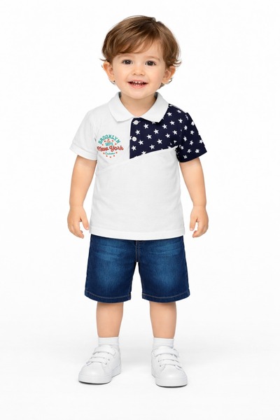 Chicsy Baby Baby Boy Polo Neck Star Patterned T-Shirt Denim Shorts 2-Piece Su...
