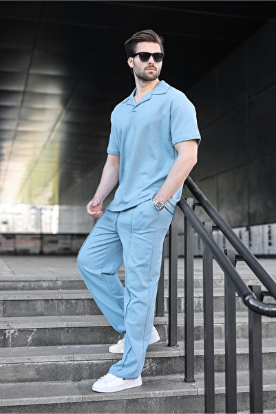 Madmext Blue Polo Collar Men's Top and Bottom Set E7356