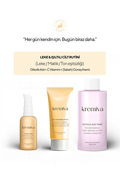 Kremiva 3’lü Işıltılı Cilt Seti – C Vitamini Serum + Glikolik asit + SPF 50+ ...