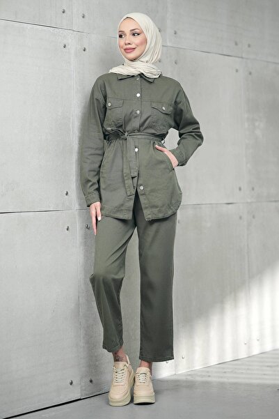 İmajButik طقم جينز كاكي بيل بأربطة بجيوب مع سترة وبنطلون