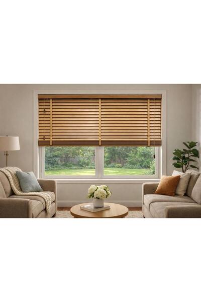 MEGALUX % 100 Doğal Ahşap Jaluzi Ceviz Renk 50 mm Kurdeleli İp Çekme Sistem