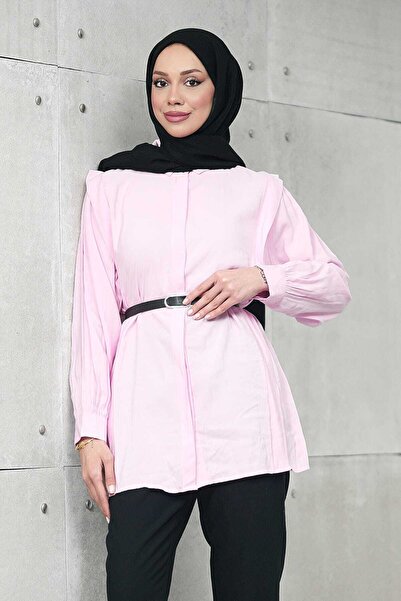 İmajButik Pink Hidden Placket Waist Tunic Shirt with Belt Pockets Modal Woven