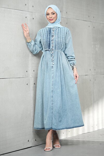 İmajButik Синя рокля от деним с плисета и половин копчета