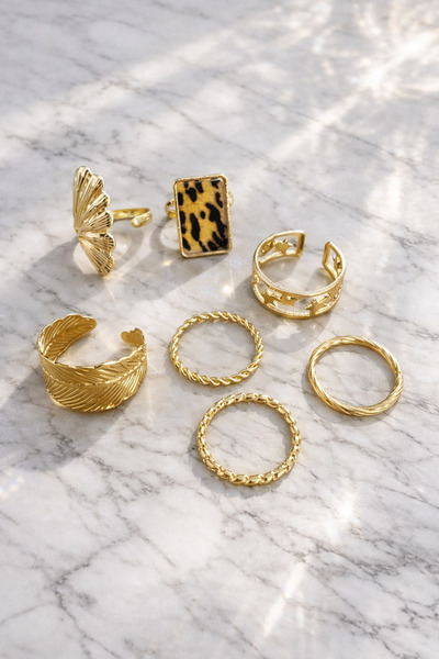 Retrobird طقم خواتم ذهبية رومانسية على الطراز العتيق مكون من 7 قطع للنساء بلو...