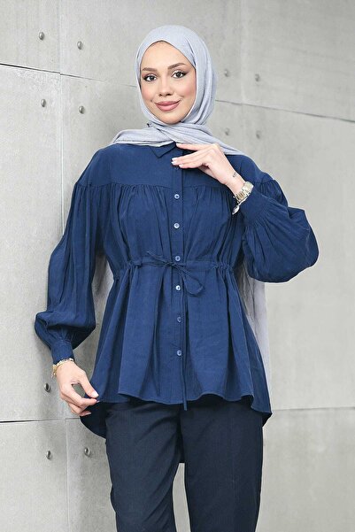 İmajButik Cămașă lejeră bleumarin Bel cu detaliu cu șnur modal