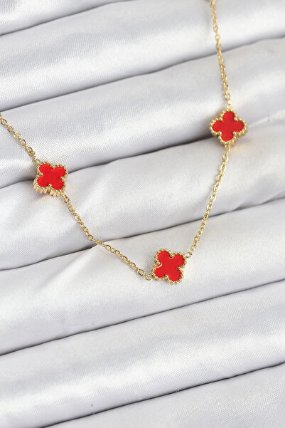 shopwave 316L Çelik Zincir Gold Renk Kırmızı Baby Boy Yonca Kadın Kolye